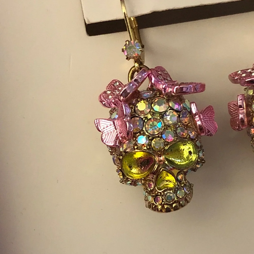 Betsey Johnson Gold Tone Sugar Skull Drop Earrings Butterfly Crystal Accents NIB